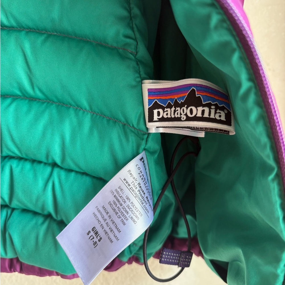 PATAGONIA Girls Puffer Vest Feather Down Purple Size 7/8 - Picture 6 of 7